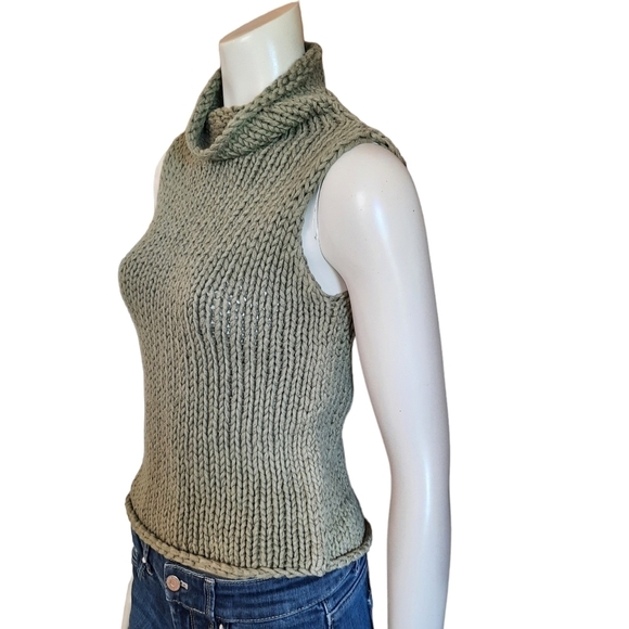 Vintage 90s Y2K Hand Knit Sweater XS Olive Green Sleeveless Chunky - Picture 3 of 5